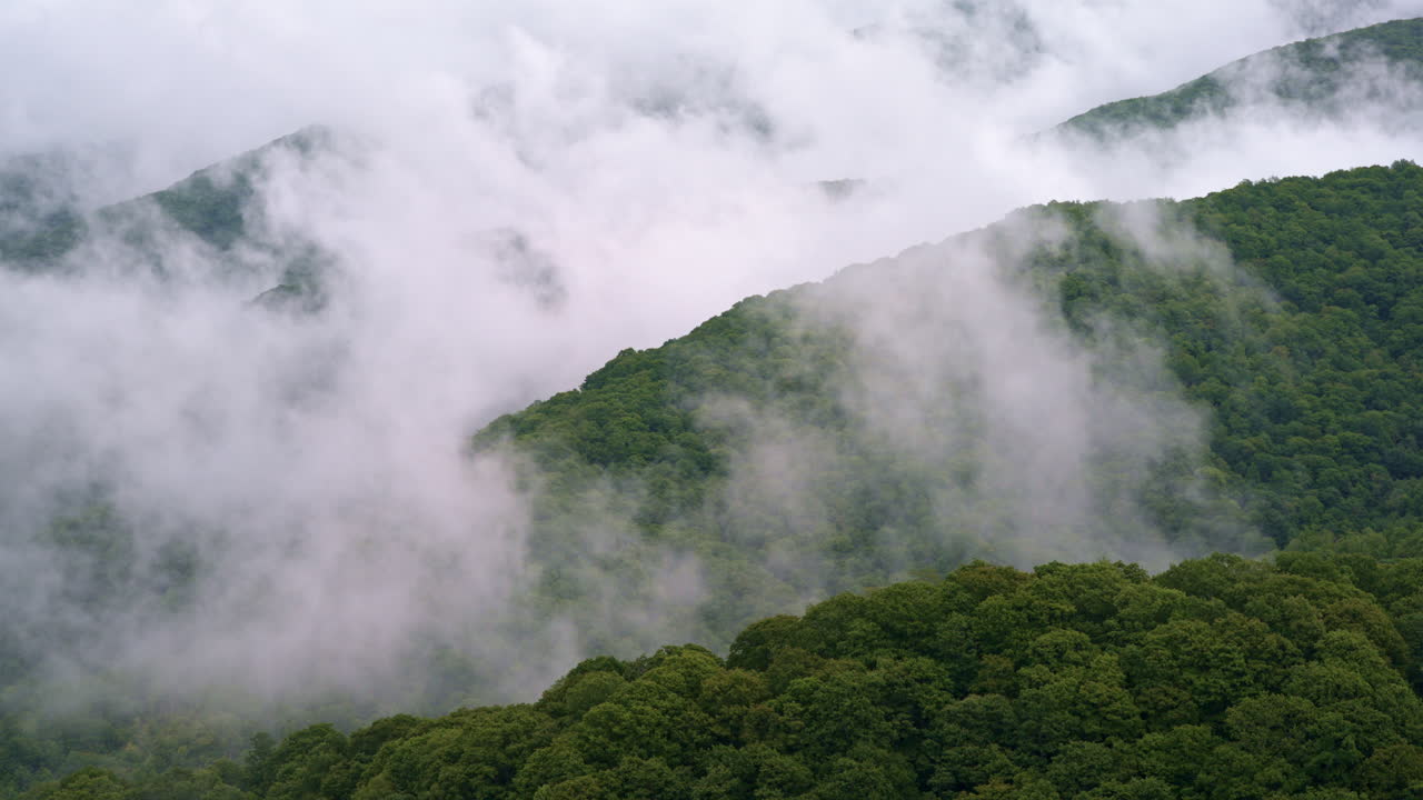 Fog-drenched Smoky Mountains filmed from above