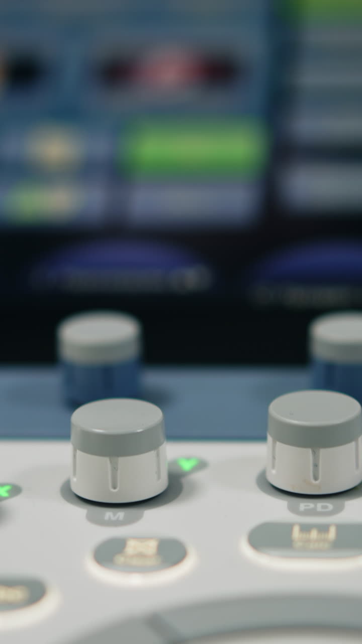Buttons on the touch screen of ultrasound diagnostic equipment. Close up. Keyboard of sonography machine in clinics.