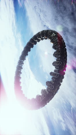 a futuristic ring-shaped spaceship in the sky