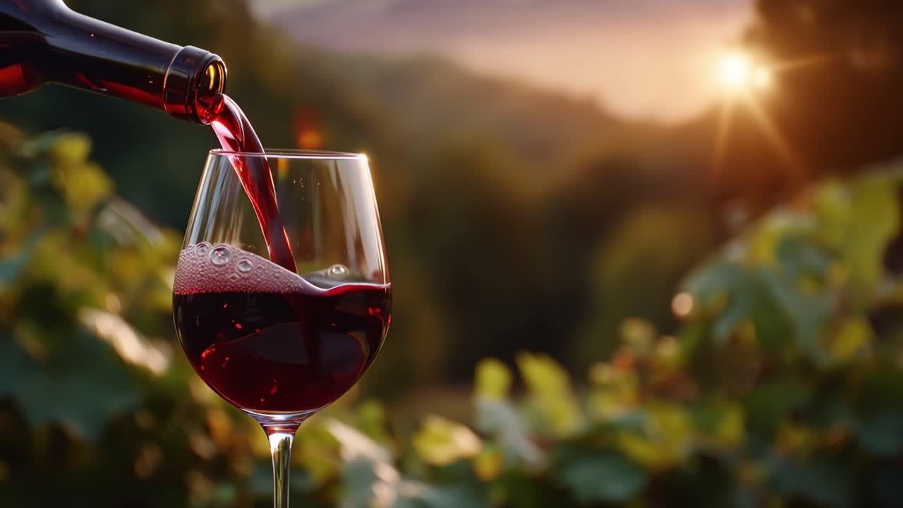 Al tramonto, il vino si versa in un bicchiere. I vigneti brillano di luce dorata. Il momento è caldo e intimo. Perfetto per ambientazioni romantiche o di lusso. Ideale per relax, celebrazioni.