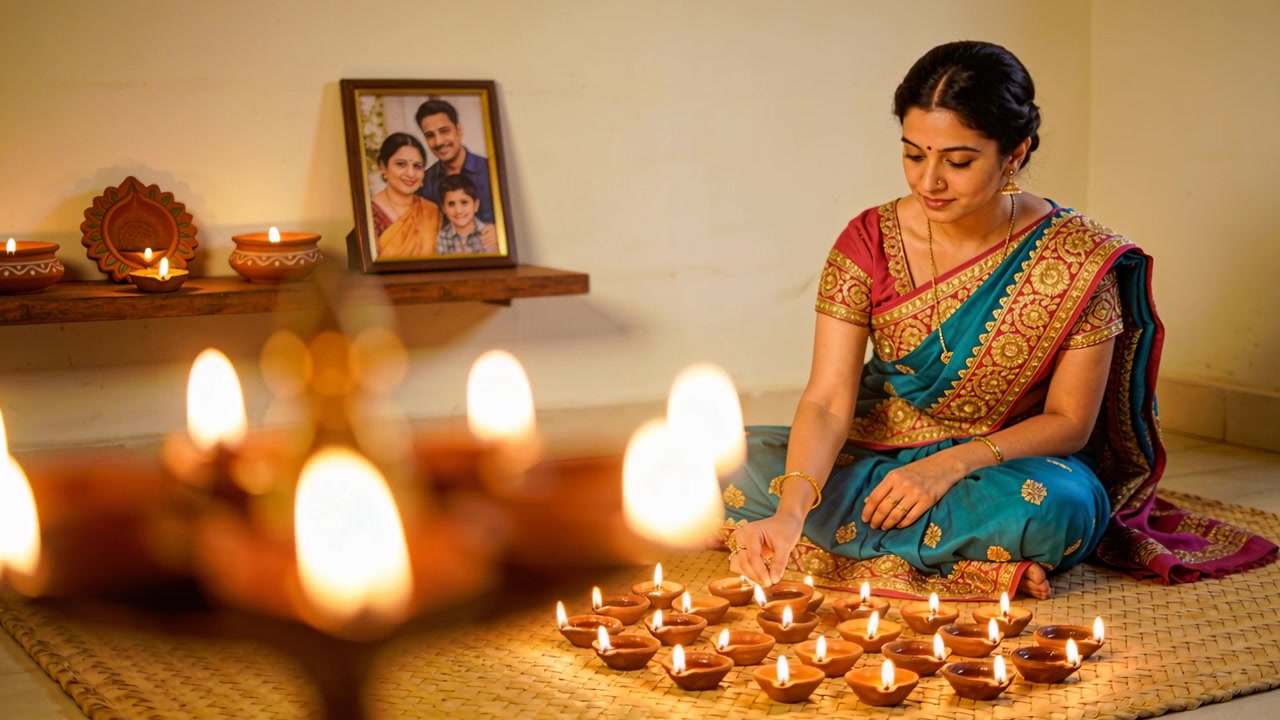 Holding lit diya, woman wearing saree lighting diyas for prayer near family portrait, copy space