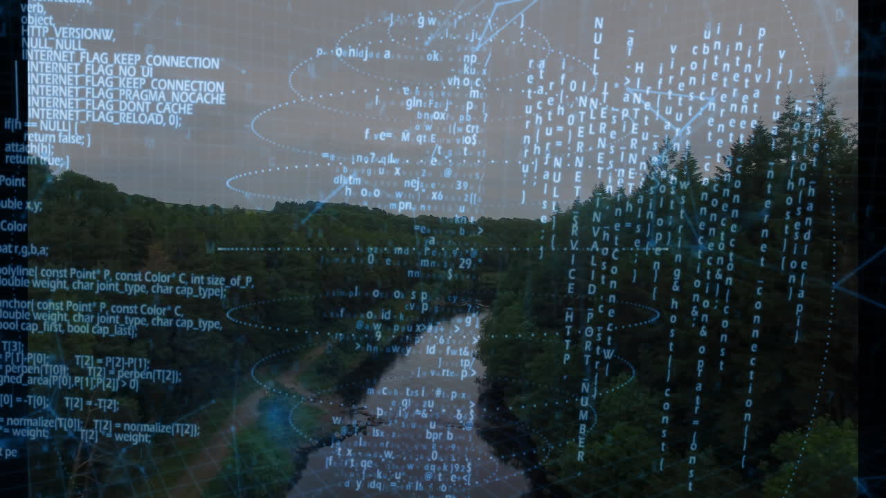 Digital code streams floating over forest river valley, blending nature and tech in flat design