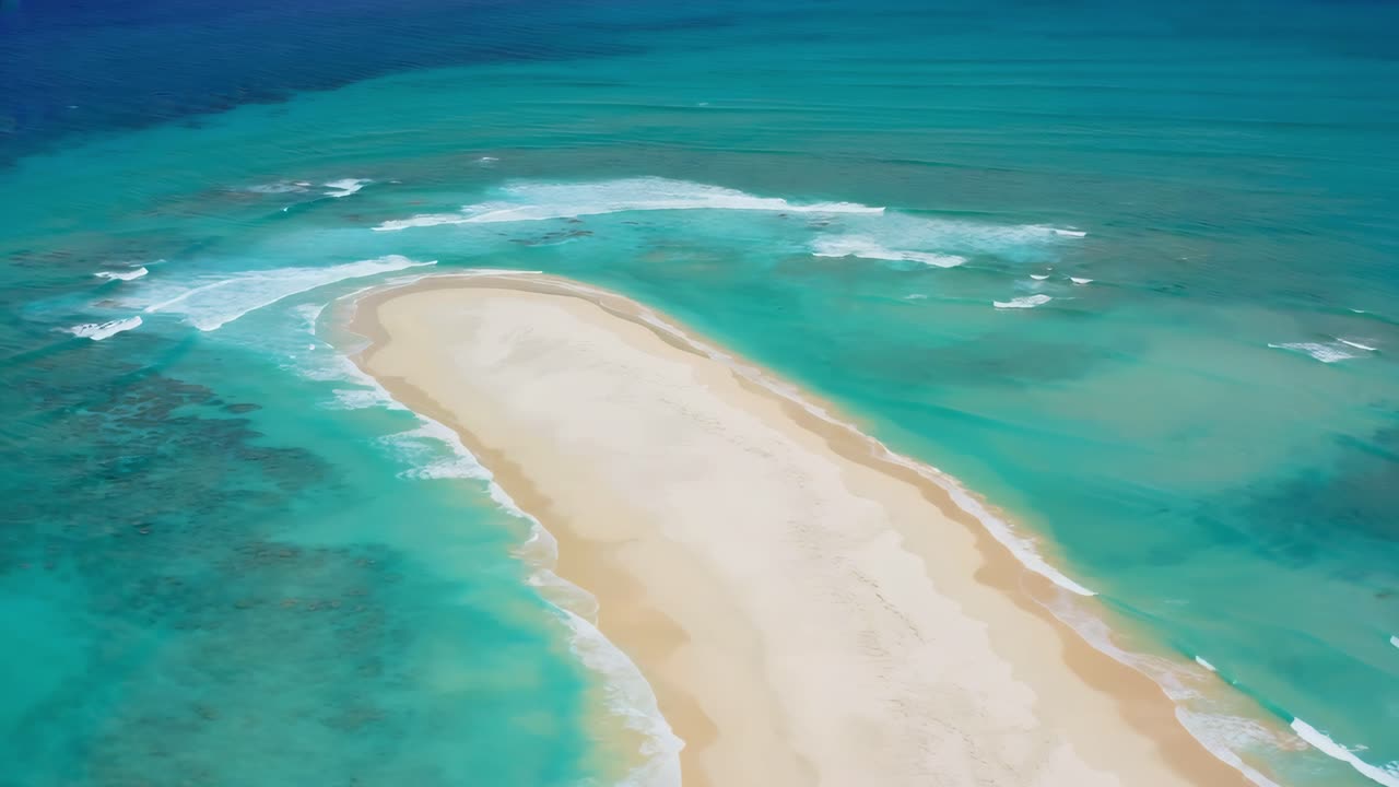 Aerial perspective revealing narrow white sandy shoreline contrasting vivid turquoise waters, presenting pristine tropical coastal landscape with stunning oceanic tranquility