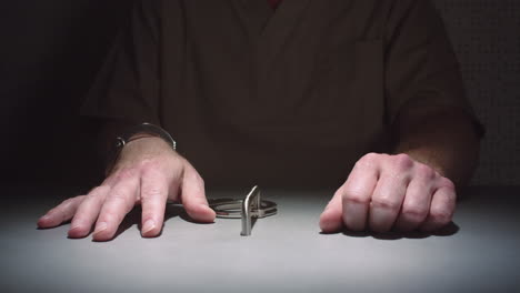 toma de paralaje de primer plano de las manos de un prisionero mientras se sienta esposado a una mesa en una sala de interrogatorios