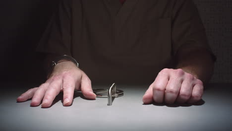 close-up parallax shot of a prisoner's hands as he sits handcuffed to a table in an interrogation room