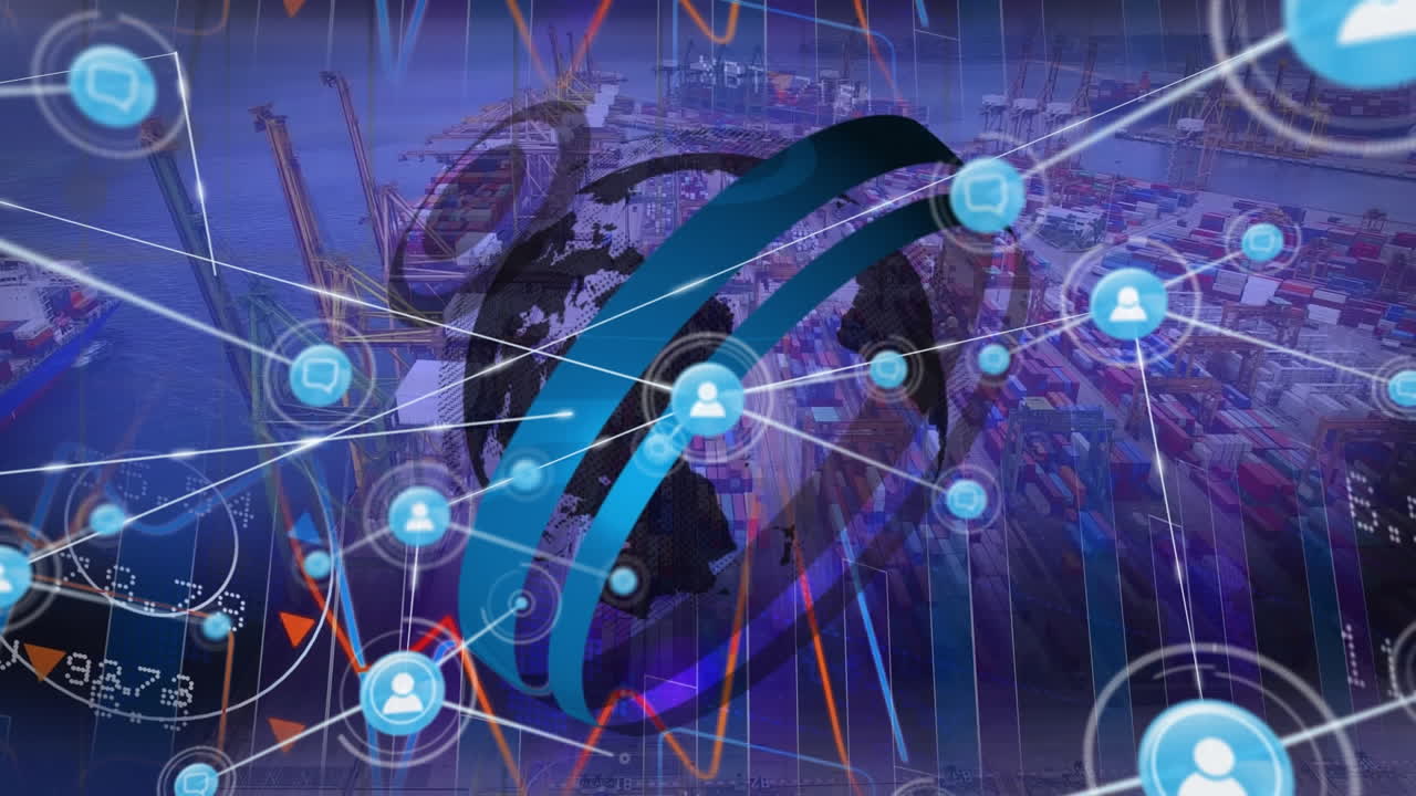 포트 오버 아이콘으로 연결된 글로브와 네트워크의 애니메이션