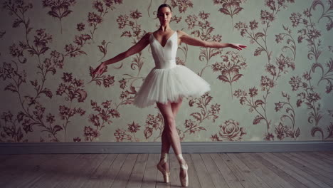 elegant ballerina in white tutu performing in a vintage room