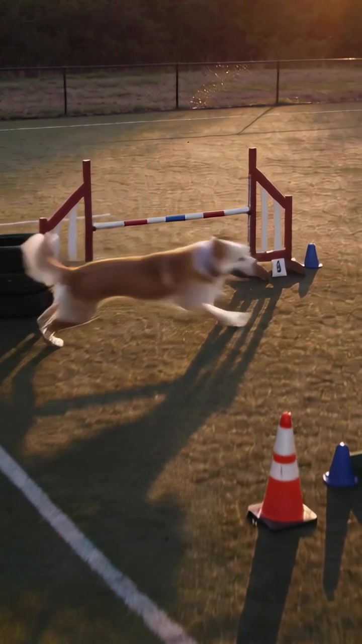 Vertikal video: Løper inn i bildet, brunhvit hund trener på kunstgress med hopp, kjegler, plass til tekst.