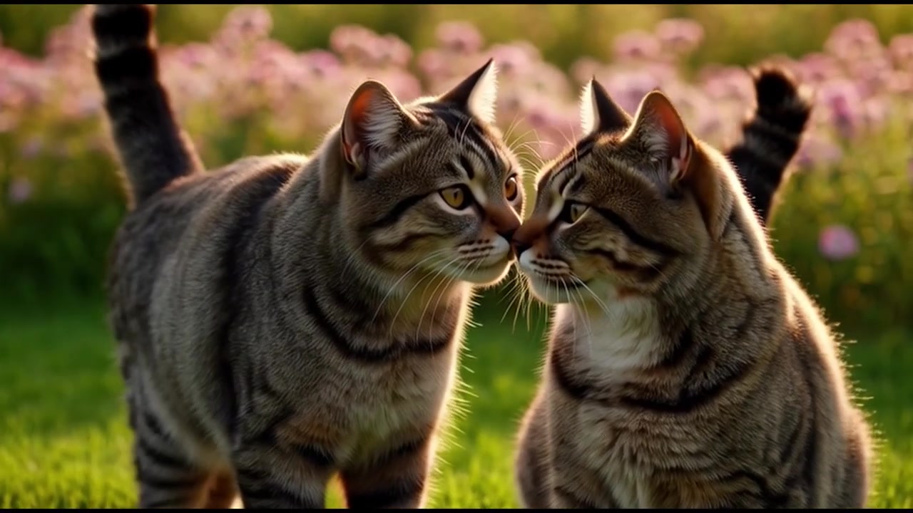Due gatti soriani che si toccano il naso in un giardino soleggiato.
