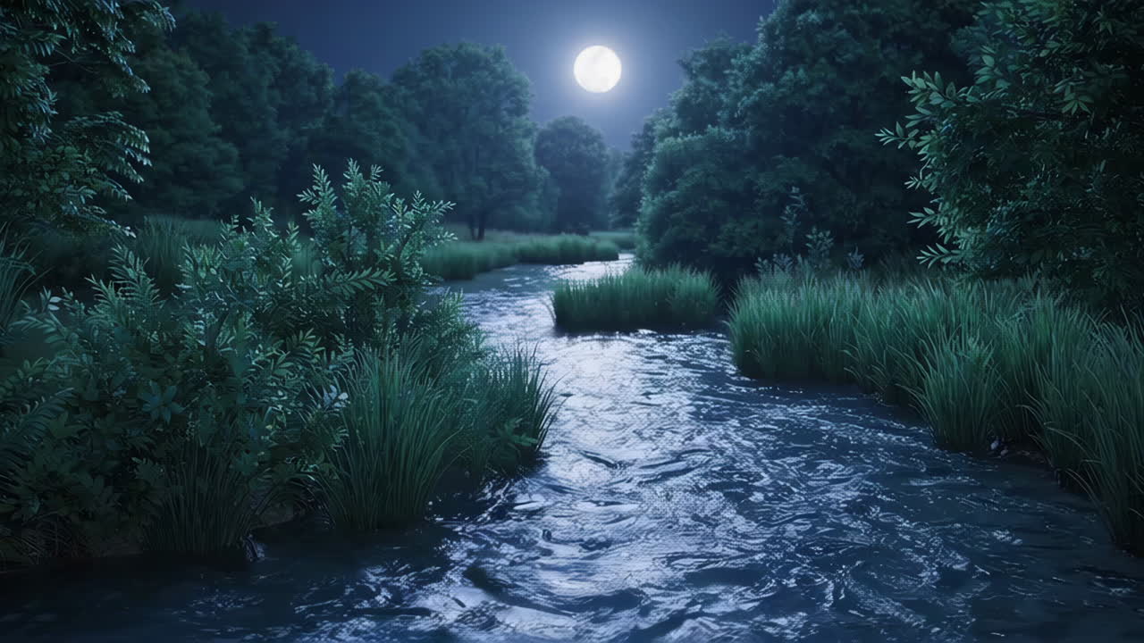 Fiume nella foresta al chiaro di luna di notte