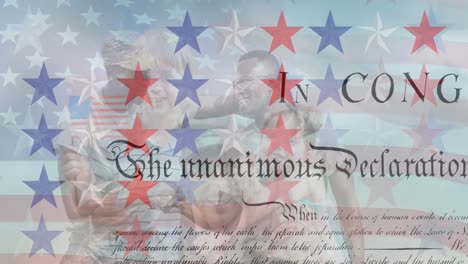 Animation-of-stars,-usa-flag-and-constitution-over-diverse-soldiers-and-children