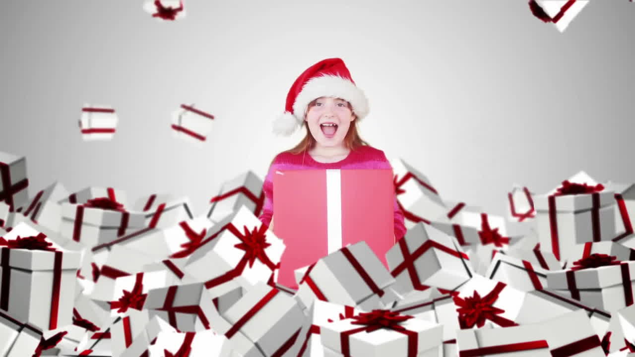 Excited child in Santa hat holding gift over falling presents animation