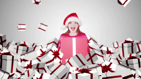 excited child in santa hat holding gift over falling presents animation