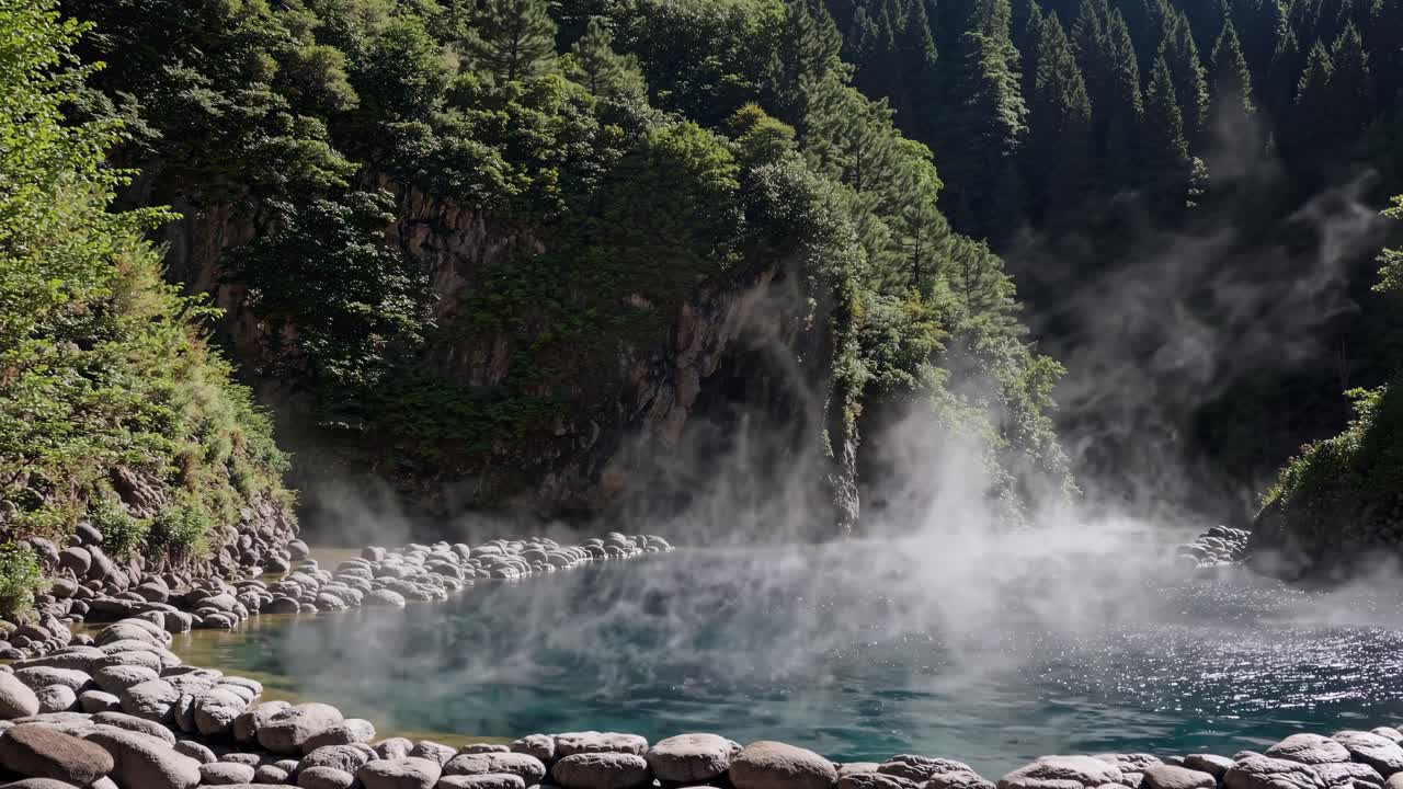Una serena scena video di una sorgente termale fumante circondata da una foresta lussureggiante, ripresa da un'angolazione bassa.
