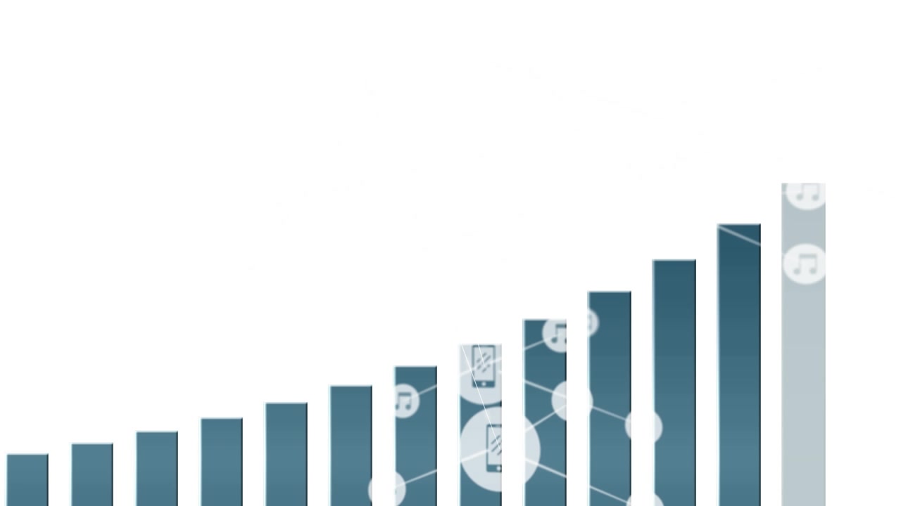 Animation of network of digital icons over statistical data processing against white background