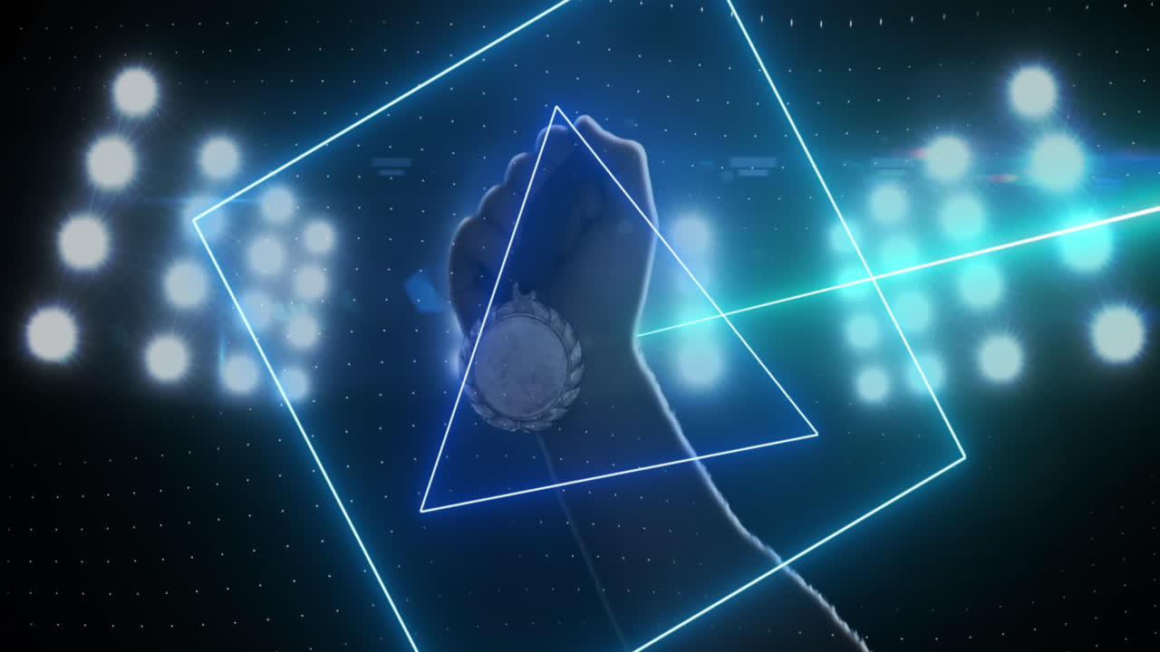 홍수 조명 스포츠 경기장에서 메달을 들고 있는 보라색 네온 스캐너의 데이터 처리 애니메이션