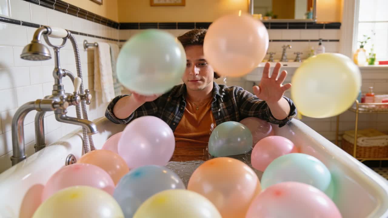 Penché en arrière et tendant la main, un homme soulève, lance et examine des ballons d'eau pastel dans une baignoire, vêtu de flanelle