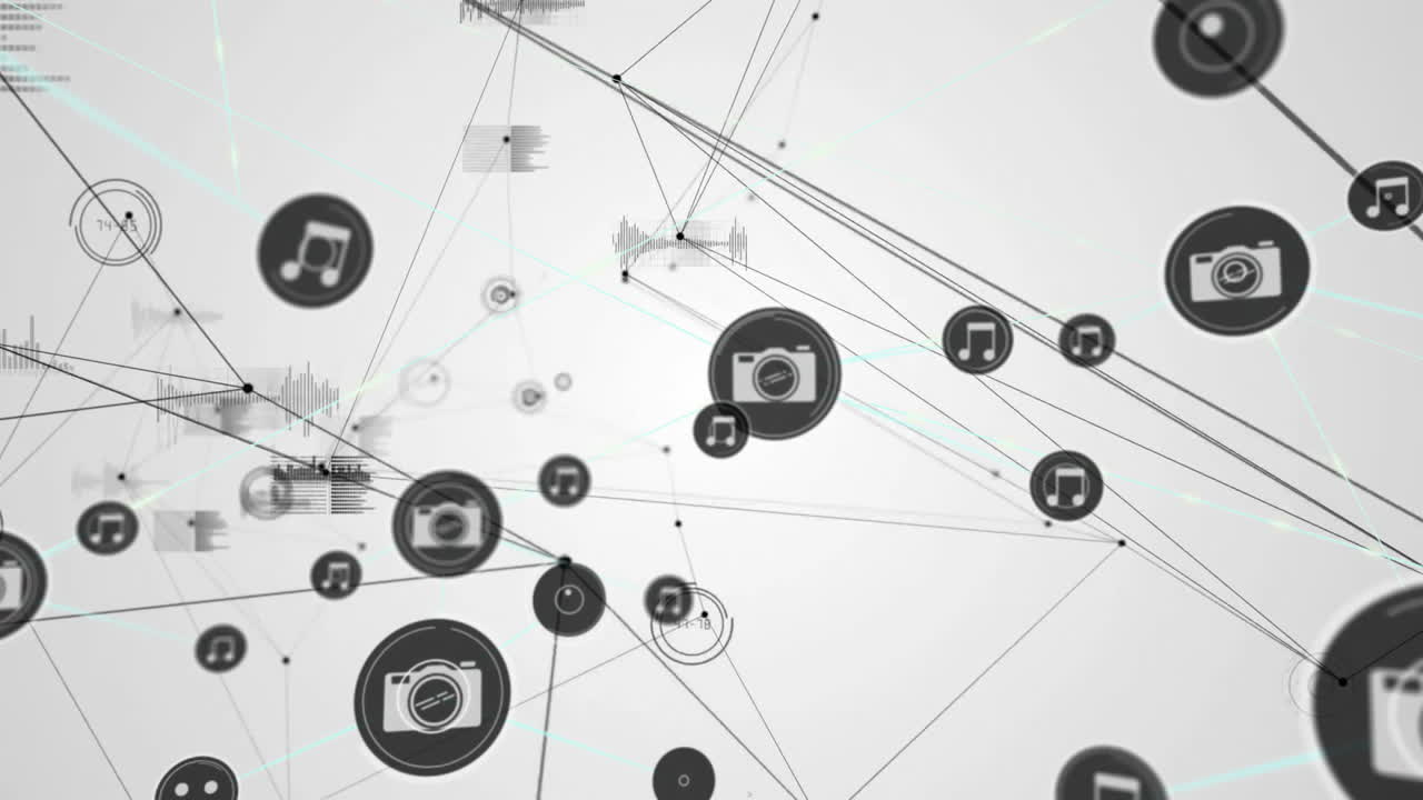 음악과 사진 아이콘은 선으로 연결되어 있으며,  바탕에 네트워크 애니메이션이 있습니다.