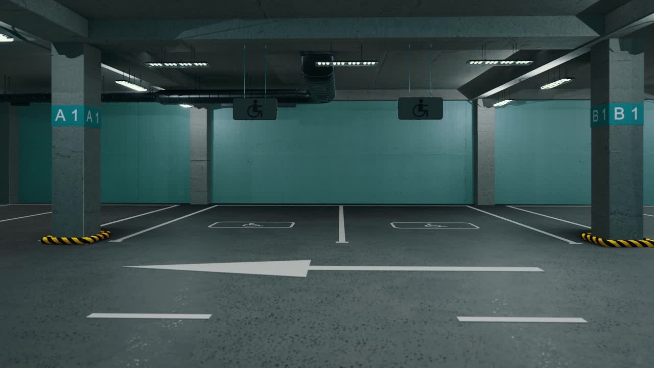 Underground parking without cars. Modern underground parking. Indoor full modern parking. Underground Parking Garage Scene