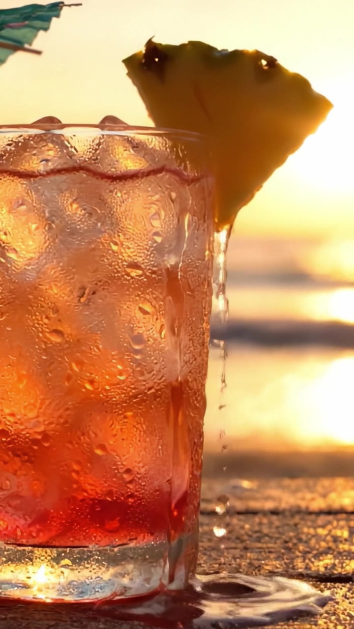 Tropical Refreshment: A Close-Up View of a Chilled Drink with Ice and Pineapple Garnish Against a Stunning Sunset Backdrop