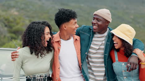 a group of diverse friends laughing and enjoying a road trip together