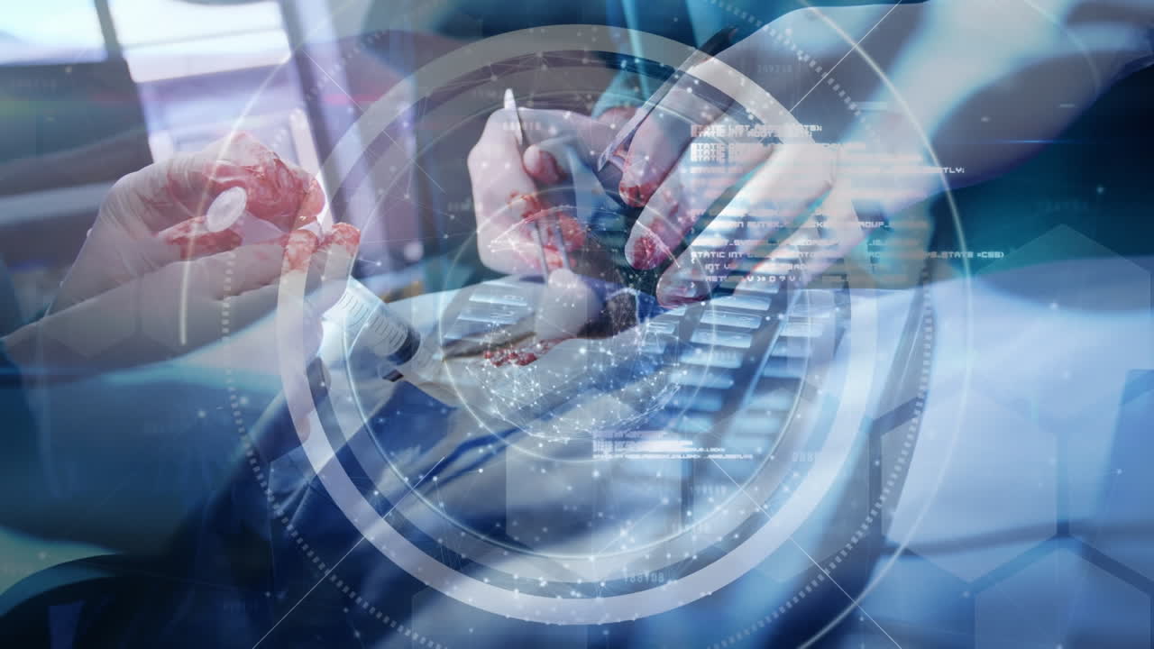 수술실의 외과 의사들에 대한 연결 네트워크와 함께 지구의 애니메이션