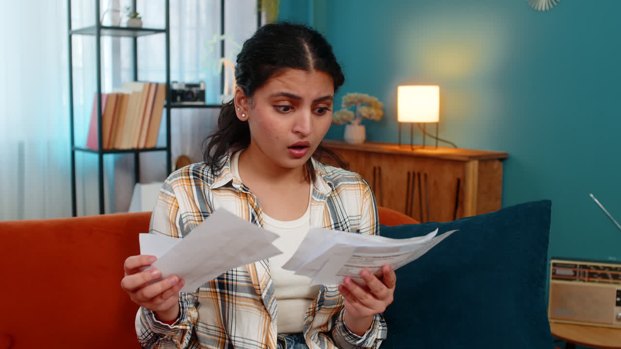Indian woman reading bills receipts confused stressed facial expression worried financial home issue