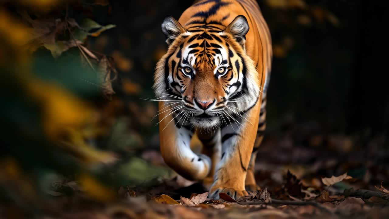 A majestic tiger prowls through a forest, captured in a low-angle shot
