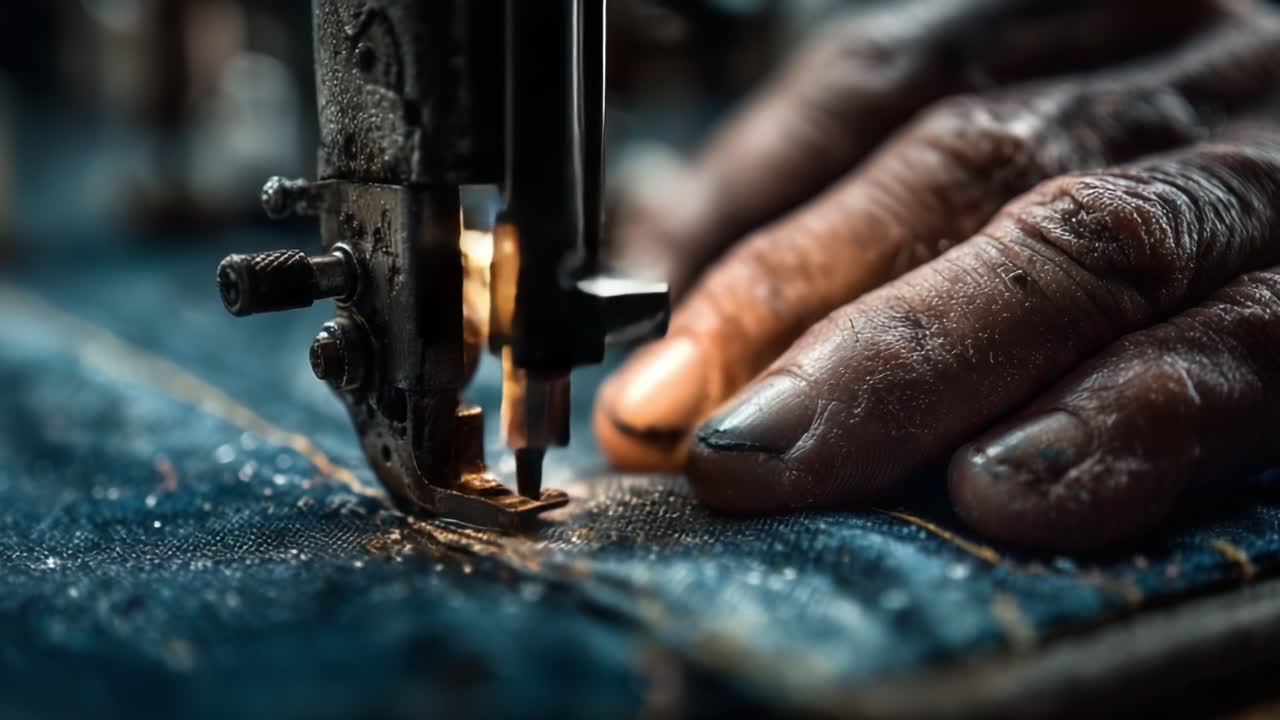 Maestria in azione: un primo piano di mani che azionano abilmente una macchina da cucire per creare punti dettagliati su tessuto denim, evidenziando tecniche artigianali e precisione