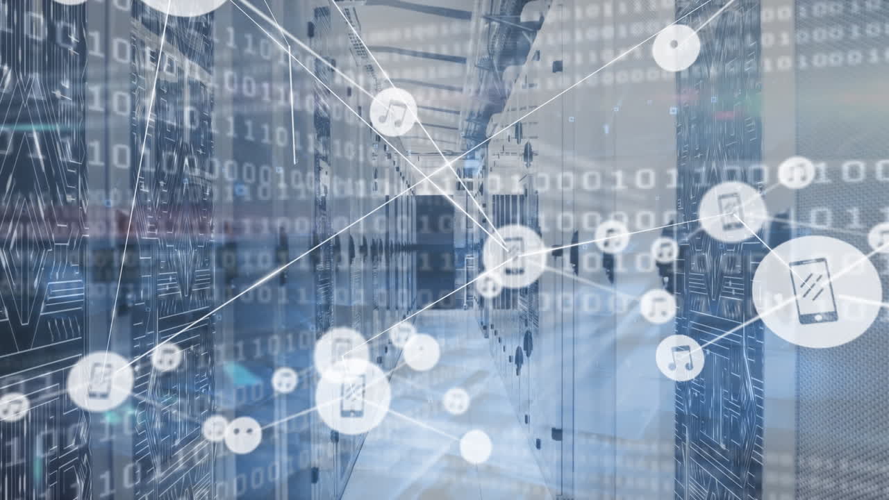 아이콘과 바이너리 코딩으로 서버  ⁇ 을 통해 연결 네트워크의 애니메이션