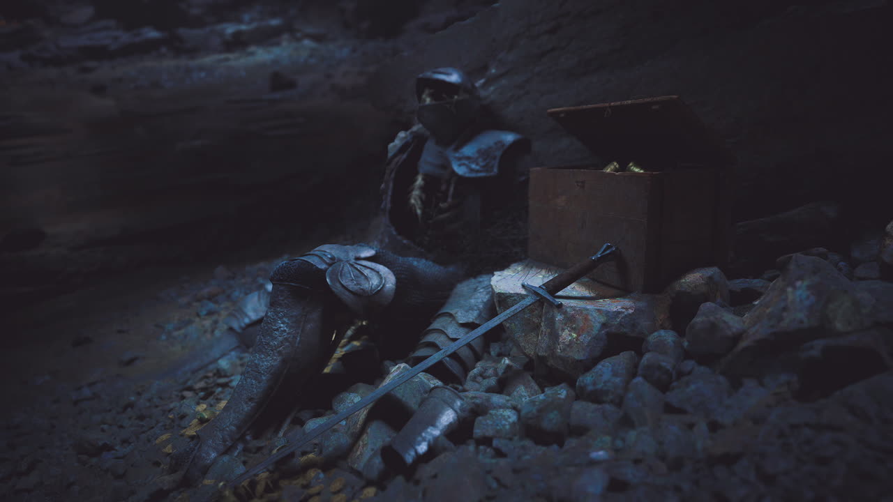 Forgotten knight resting in a dark cave with treasure chest nearby