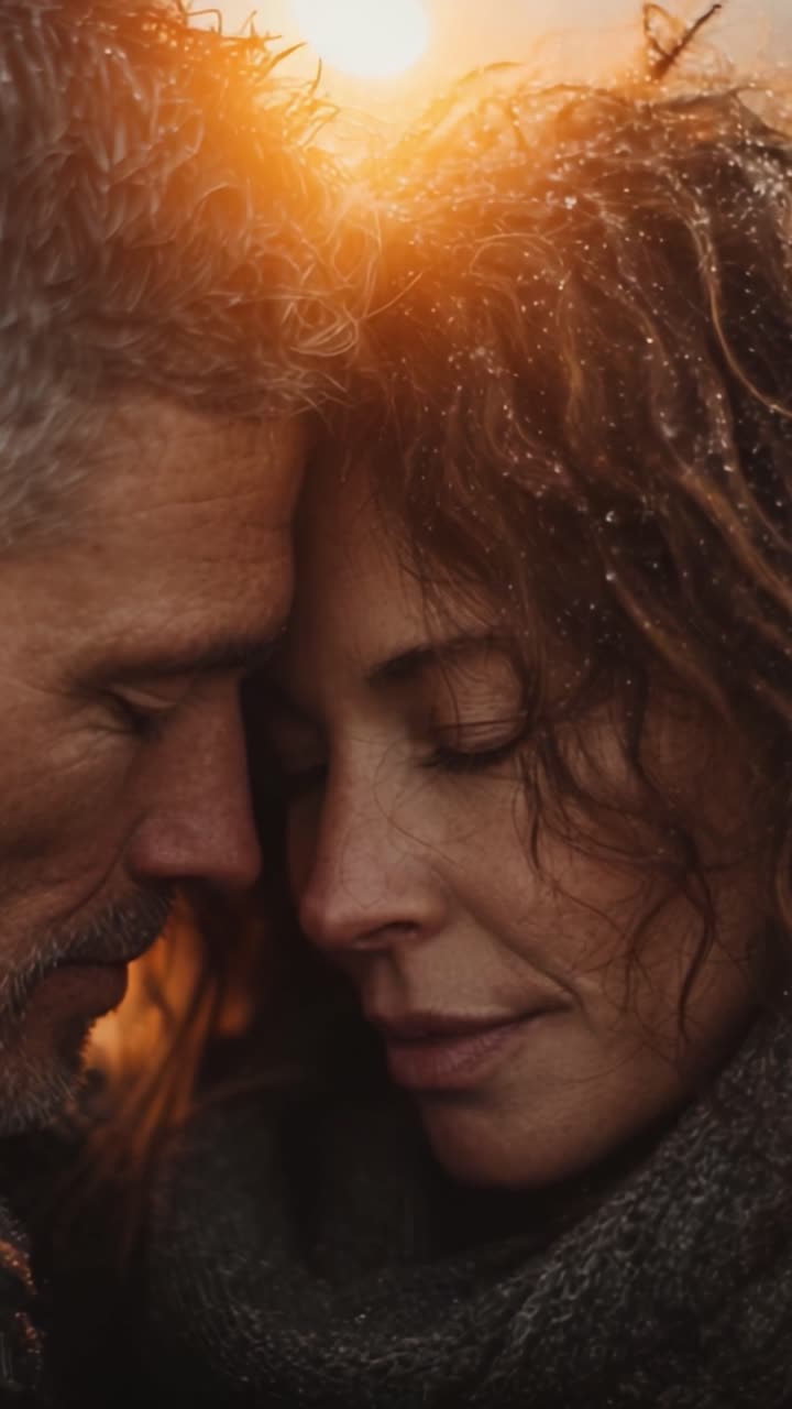 Connessione intima: un bellissimo momento tra due persone che riflette amore e calore in mezzo a un tenue bagliore di luce naturale.