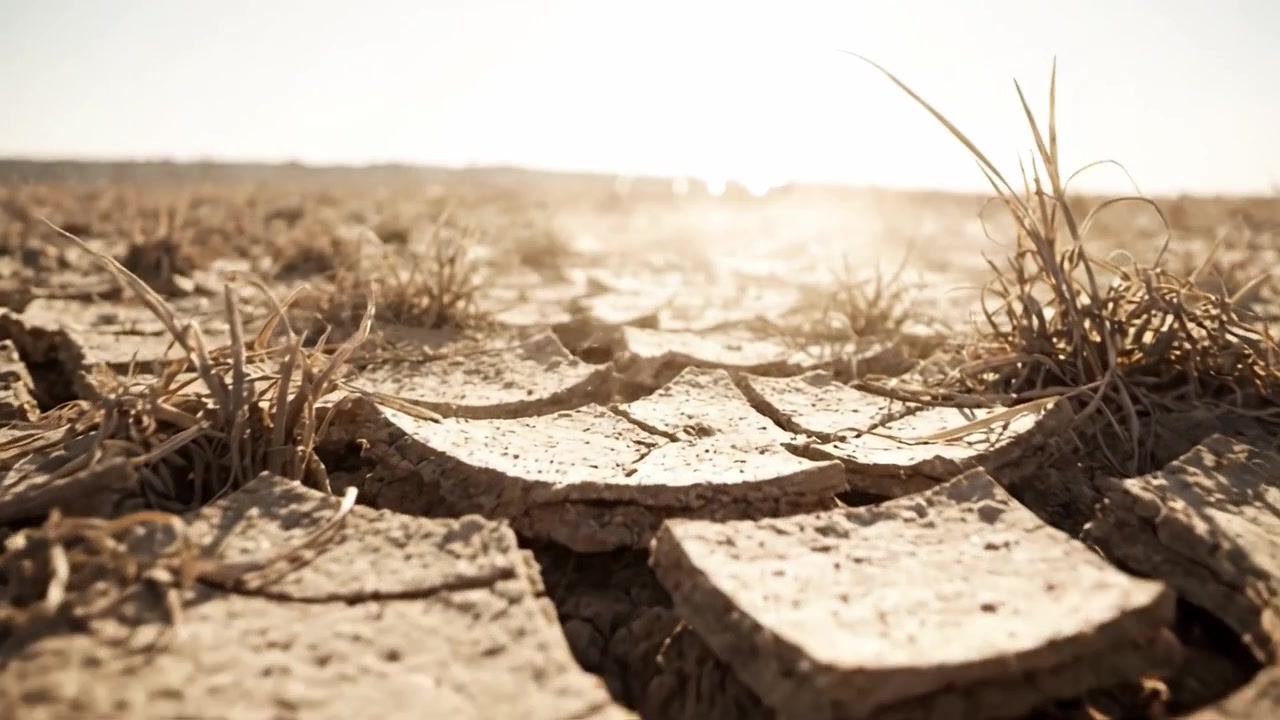 Dried Earth: A Close-Up View of Cracked Soil with Sparse Vegetation in a Sunlit Landscape, Highlighting the Effects of Drought and Climate Change on the Environment