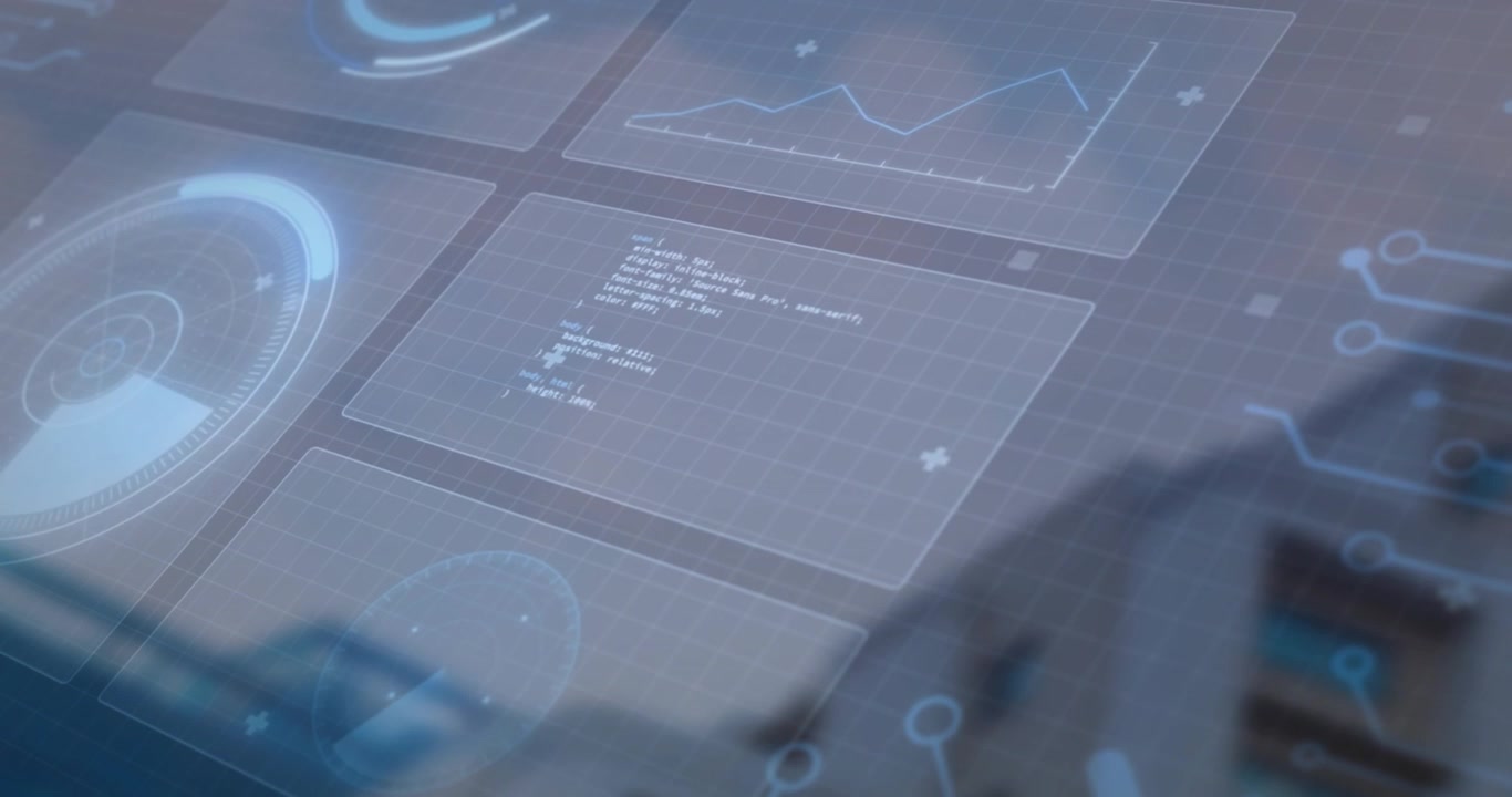 On loading AR overlay, gauge pulsing, graph flickering, code toggling to show building data
