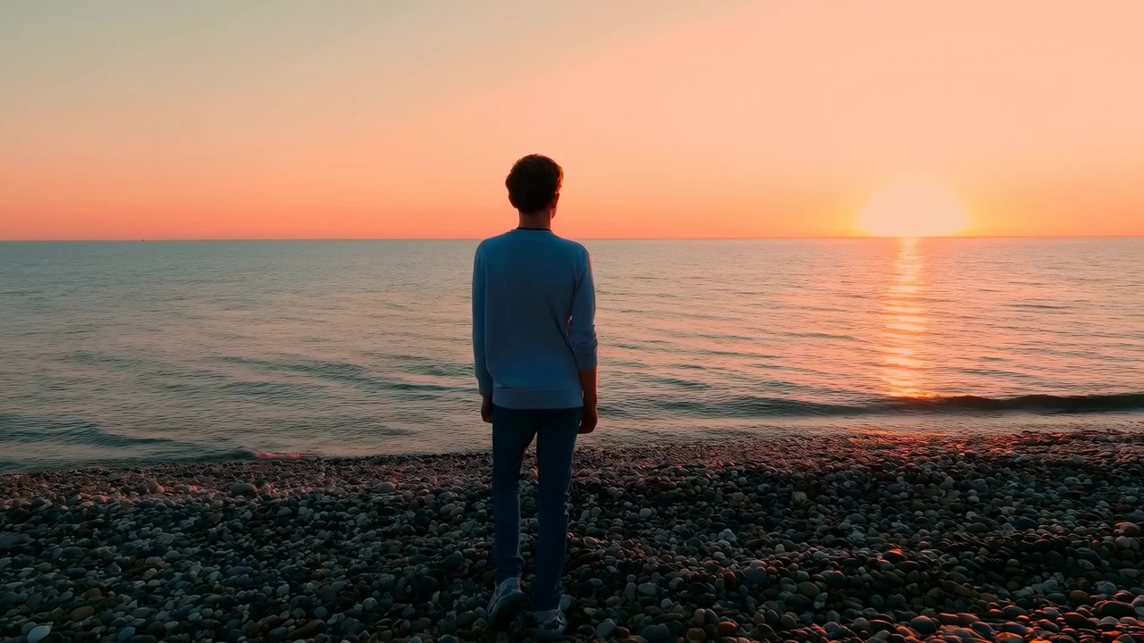 Persona che guarda il tramonto su una spiaggia di ciottoli, viaggiatore contemplativo in piedi di fronte all'oceano calmo sotto il cielo dell'ora d'oro.