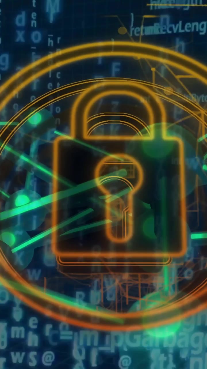 Vertical video: Padlock forming after data pulse, green nodes pulsing for encryption display