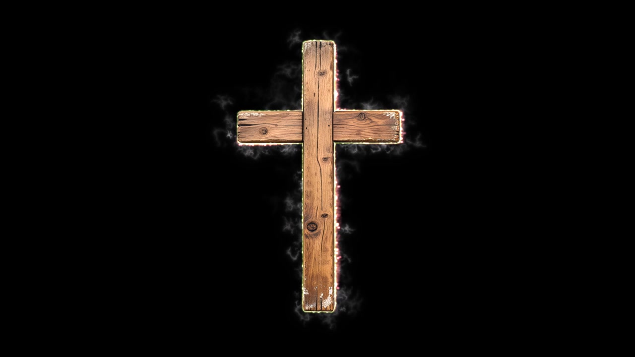 Detailed 3D weathered wooden Christian cross design 02, with aged wood grain, worn edges, rustic texture, and subtle smoky VFX surrounding it on a black background. Christianity, faith, religion.