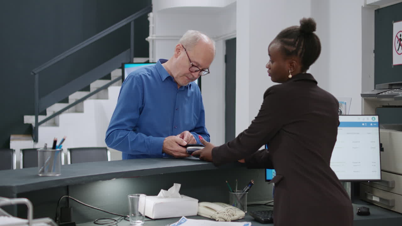 Images of people at a reception desk in a medical facility