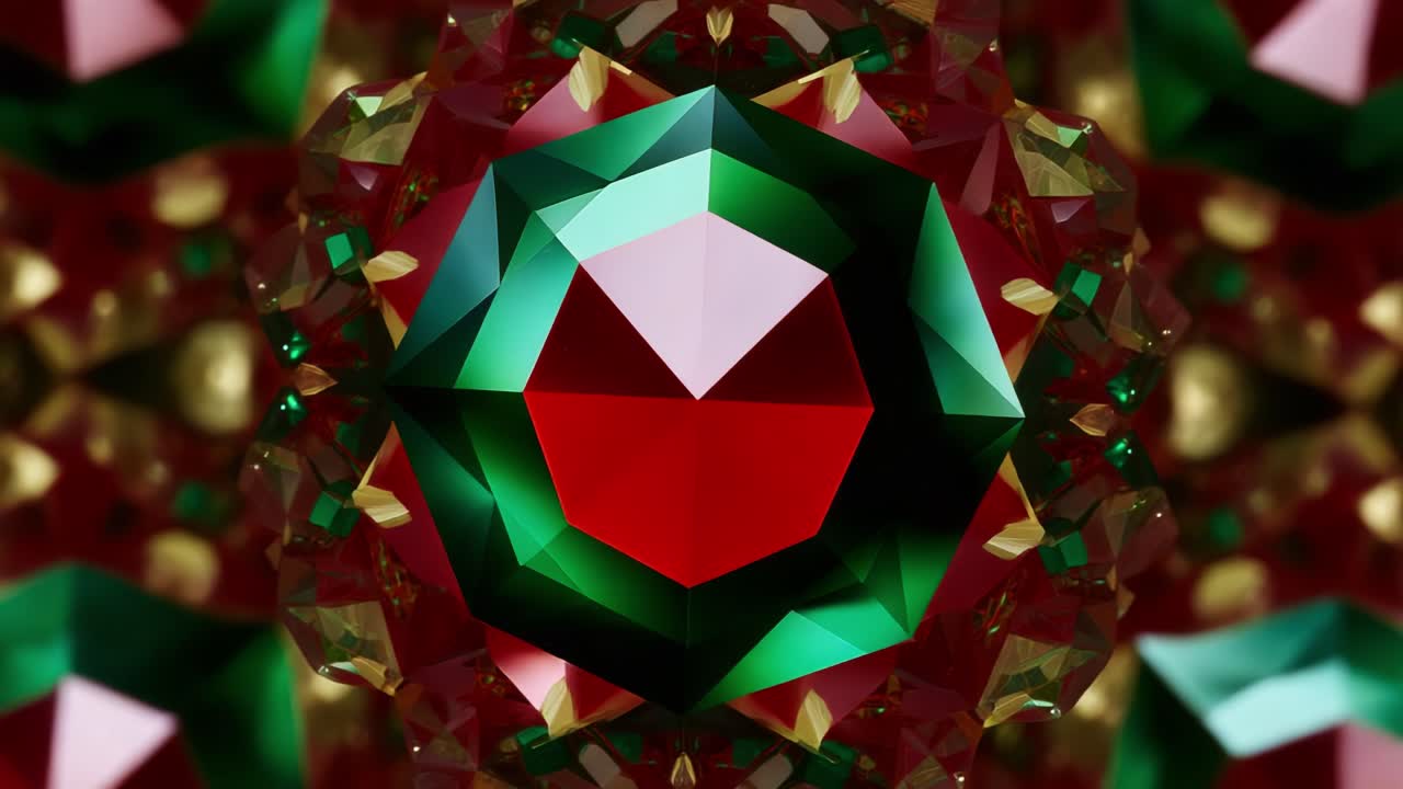 Intricate Geometric Patterns Exploding with Vibrant Colors: A Mesmerizing Display of Red and Green Tones Capturing the Fascinating Depths of Light and Reflection in an Abstract Kaleidoscopic Design