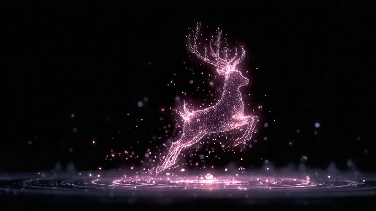 A Glowing Spectacle: A Ethereal Deer Leaps Through a Sparkling Digital Cosmos with Enchanting Light Effects That Create a Dreamlike Atmosphere