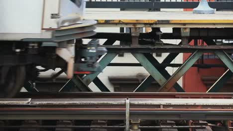 Close-up-view-of-train-wheels-as-a-train-exits-a-station-in-New-York-City