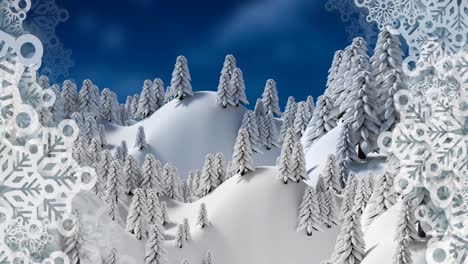 Animation-of-winter-scenery-landscape-with-fir-trees-and-mountains-on-blue-background