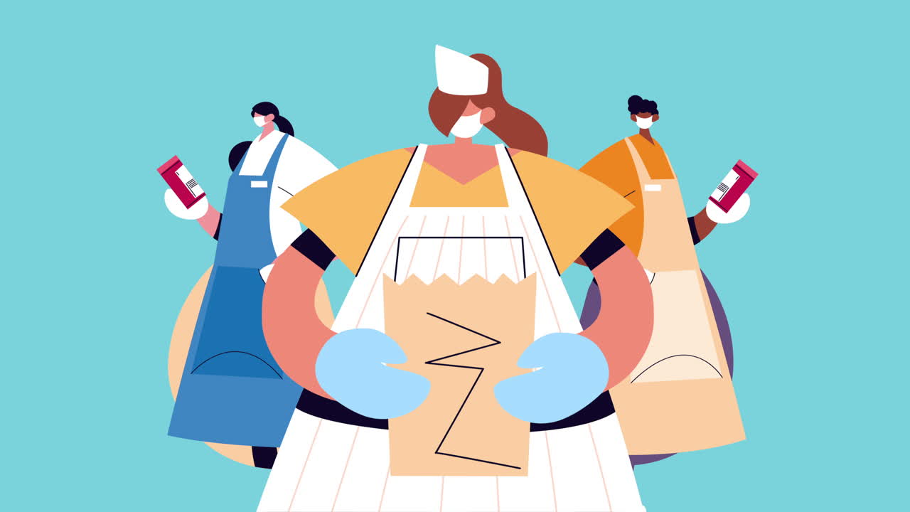 가정주부와 슈퍼마켓 직원은 코로나19 보호를 위해 식료품을 구입하는 의료 마스크를 착용합니다.