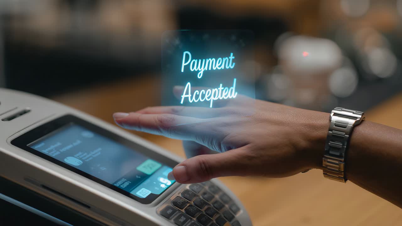 Hovering customer hand engaging contactless terminal at checkout, showing Payment Accepted hologram