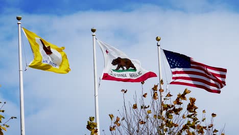 san francisco flag, california flag, and united states flags on a pole blowing in the strong wind