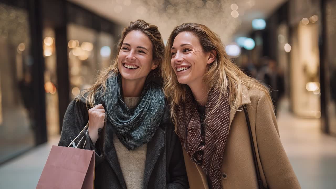 Friends enjoy shopping together in a busy mall during holiday season