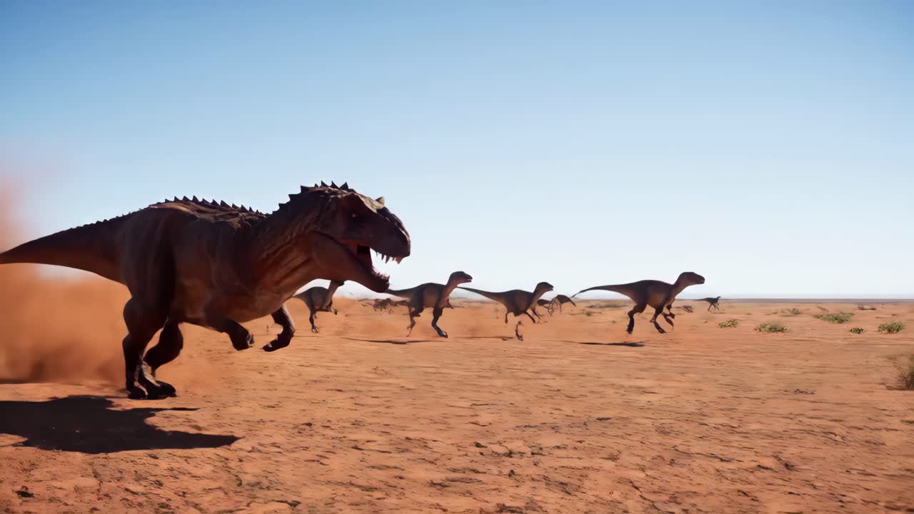 Tyrannosaurus Rex and Other Dinosaurs Running in the Desert