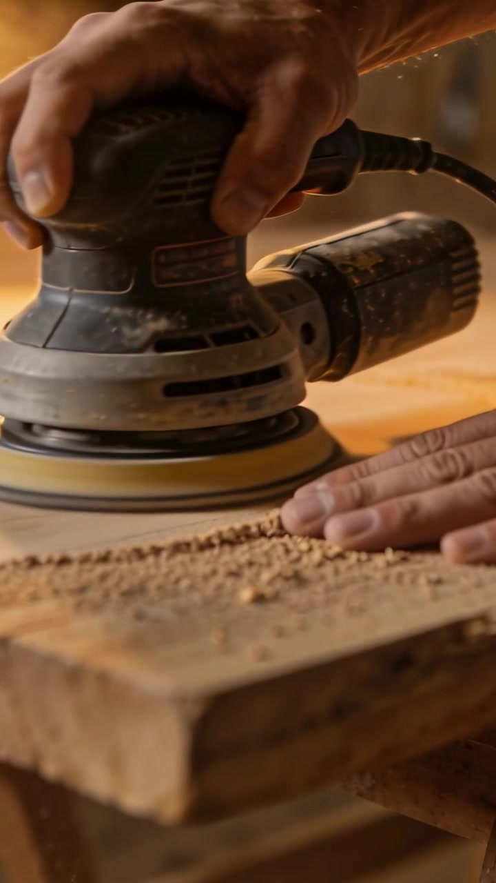 Vertical video: Sanding worker hands starting sander on bench, smoothing plank, removing ridges