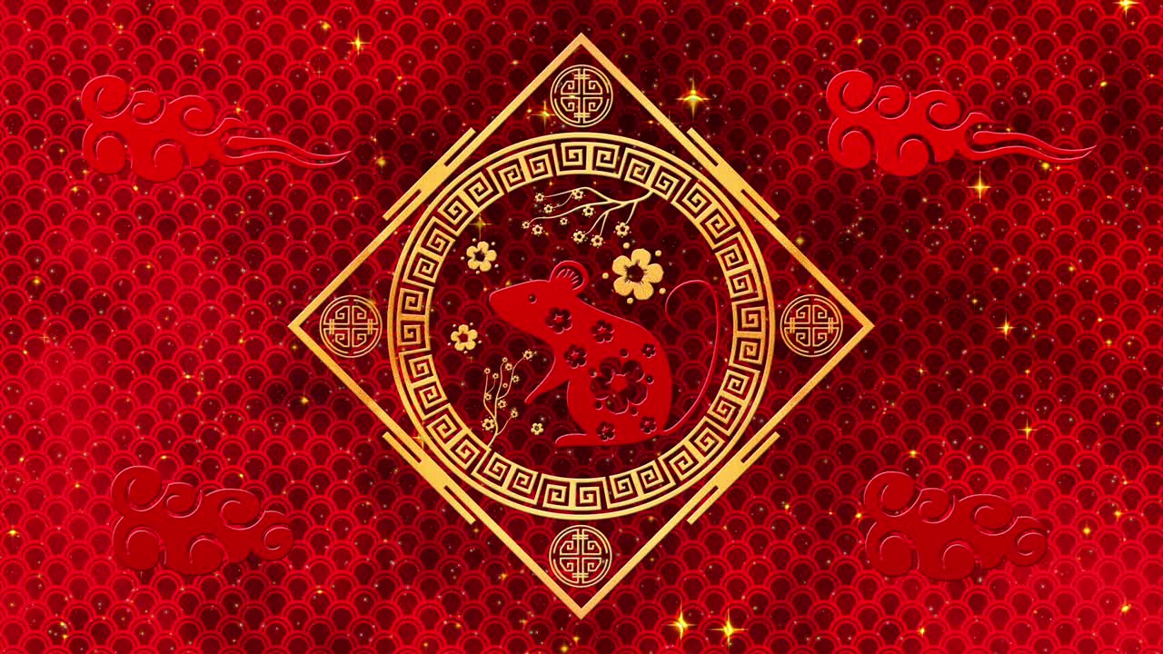 año nuevo lunar, fondo del festival de primavera con rata dorada, sakura, brillante patrón de dragón de seda. telón de fondo de papel rojo del año nuevo chino para el evento de vacaciones. animación de renderización 3d. bucle sin costuras 4k