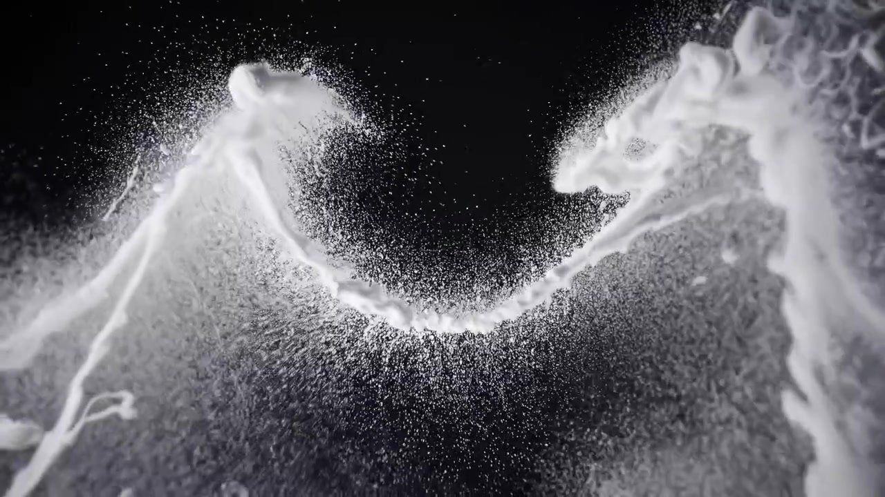 Liquido bianco che schizza e vortica su sfondo scuro